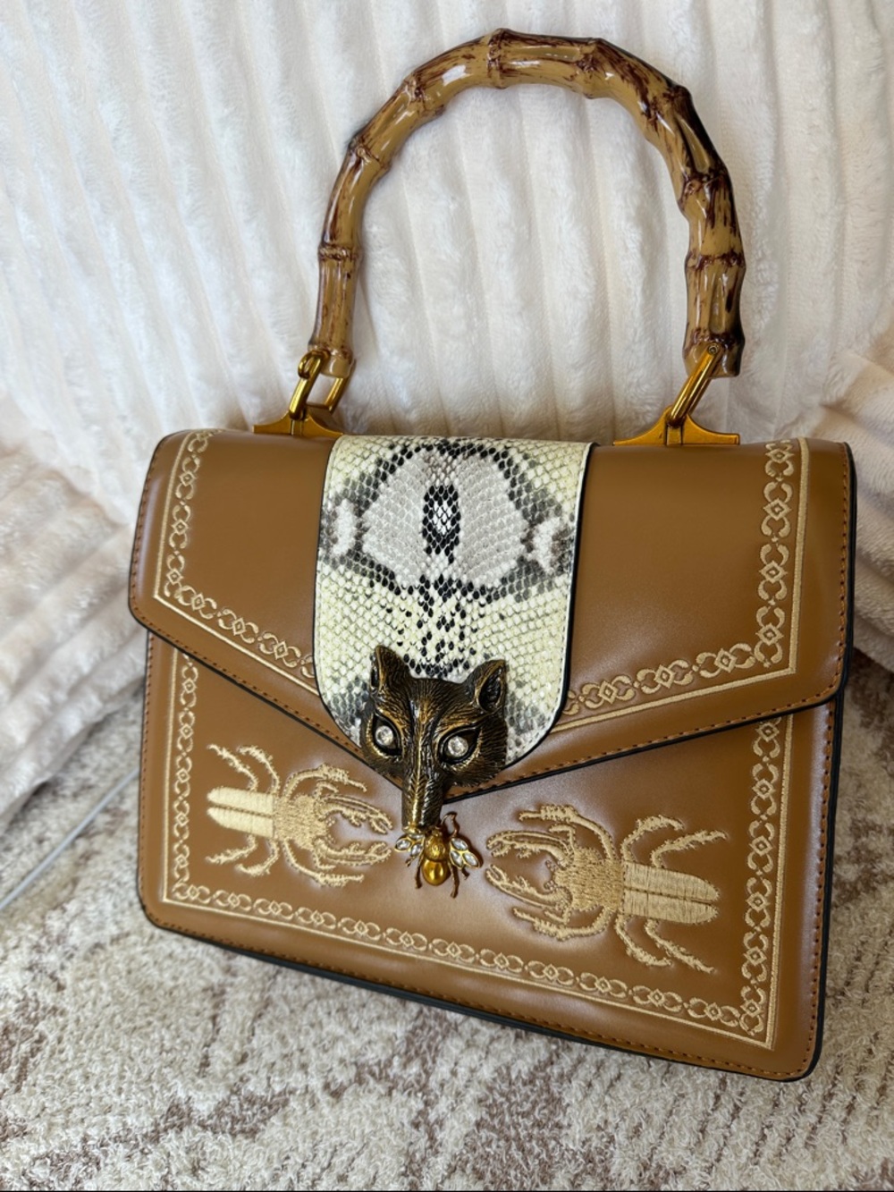 Rare Boutique Bamboo Handle Satchel Beetle Brooch Clasp Luxe Embroidered Bag